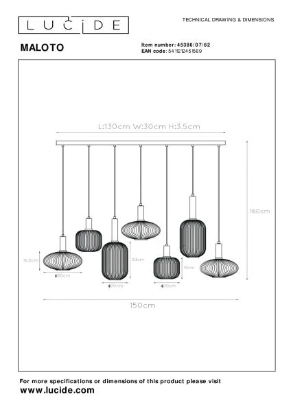 Lucide MALOTO - Pendelleuchten - 7xE27 - Amber - TECHNISCH